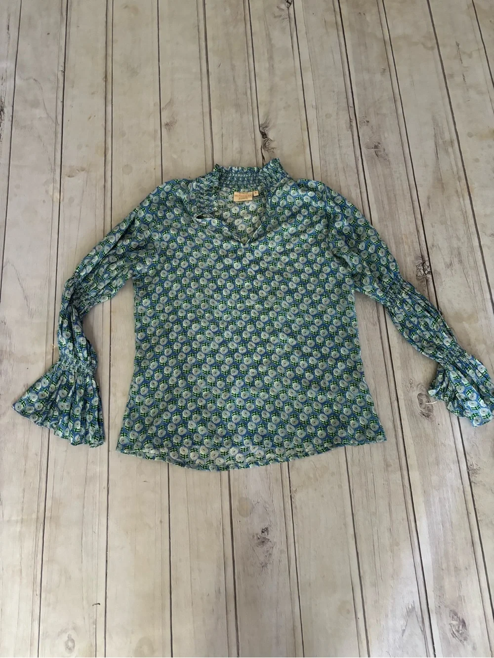 $239 Rungolee S 100% Silk Floral Kiki Blue Green Blouse